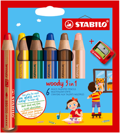 Multi-Talented Pencil - STABILO woody 3 in 1 - Pack of 6 - Assorted Colours with Sharpener