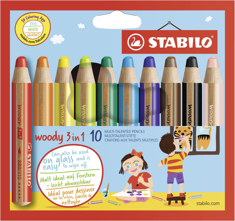 Multi-Talented Pencil - STABILO woody 3 in 1 - Pack of 10 - Assorted Colours