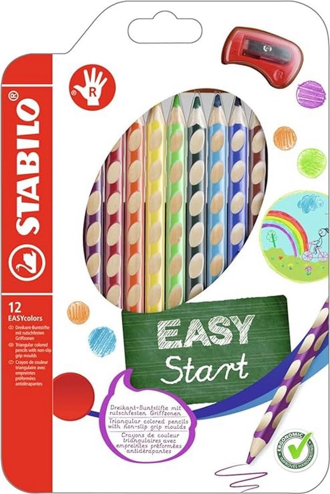Ergonomic Colouring Pencil - STABILO EASYcolors - Right-Handed - Pack of 12 - Assorted Colours with Sharpener