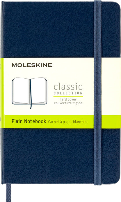 Moleskine Classic Plain Paper Notebook, Hard Cover and Elastic Closure Journal, Color Sapphire Blue, Size Pocket 9 x 14 cm, 192 Pages