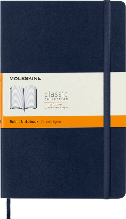 Moleskine Classic Ruled Paper Notebook, Soft Cover and Elastic Closure Journal, Color Sapphire Blue, Size Large 13 x 21 A5, 192 Pages