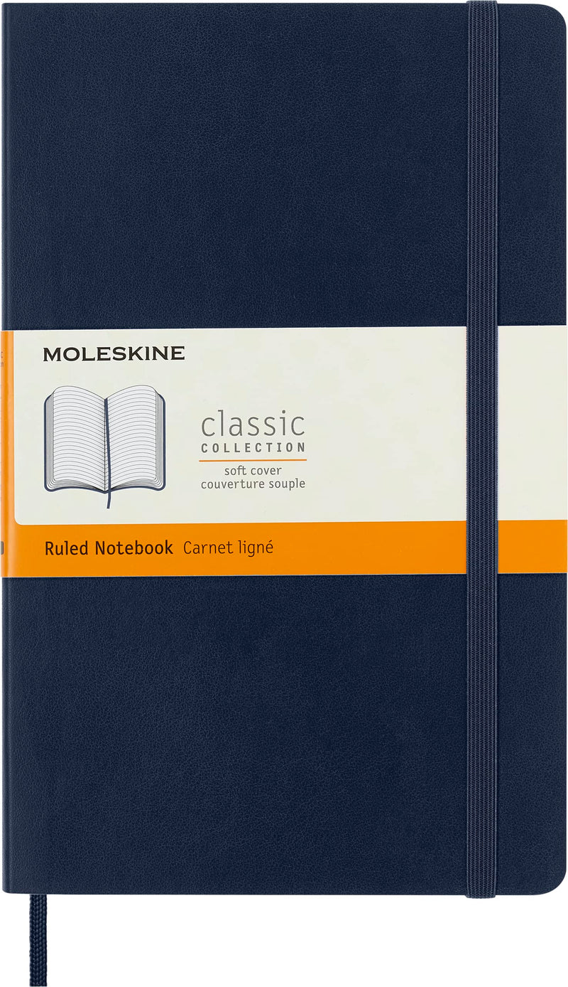 Moleskine Classic Ruled Paper Notebook, Soft Cover and Elastic Closure Journal, Color Sapphire Blue, Size Large 13 x 21 A5, 192 Pages