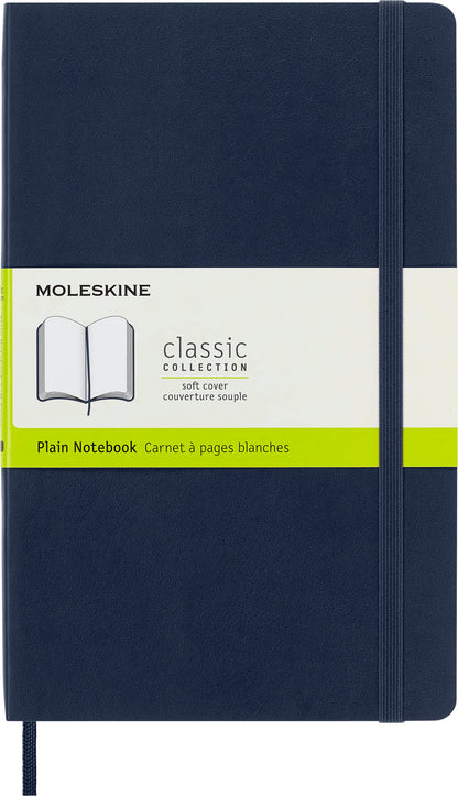 Moleskine Classic Plain Paper Notebook, Soft Cover and Elastic Closure Journal, Color Sapphire Blue, Size Large 13 x 21 A5, 192 Pages