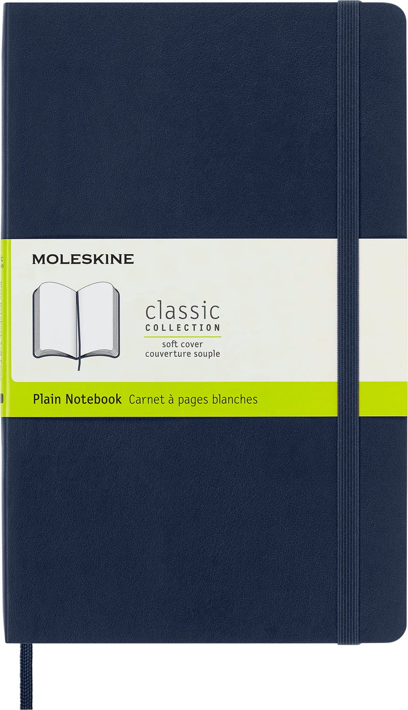Moleskine Classic Plain Paper Notebook, Soft Cover and Elastic Closure Journal, Color Sapphire Blue, Size Large 13 x 21 A5, 192 Pages