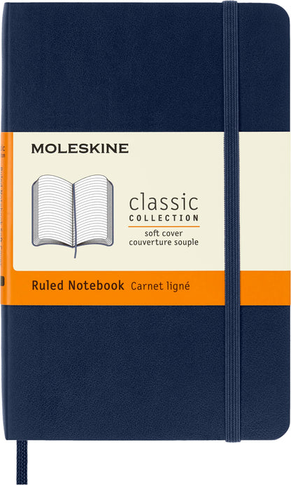 Moleskine Classic Ruled Paper Notebook, Soft Cover and Elastic Closure Journal, Color Sapphire Blue, Size Pocket 9 x 14 A6, 192 Pages
