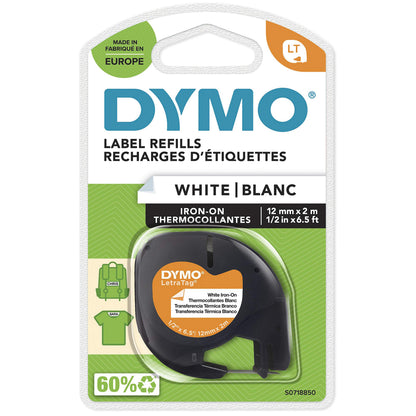 DYMO LT etiquetas auténticas para ropa | Negro sobre blanco | 12 mm x 4m | Hierro en las etiquetas de tela para las etiquetadoras LetraTag | autoadhesivo