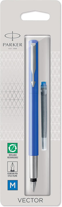Parker Vector Fountain Pen | Blue with Chrome Trim | Medium Nib | Blue Ink | Hangtab