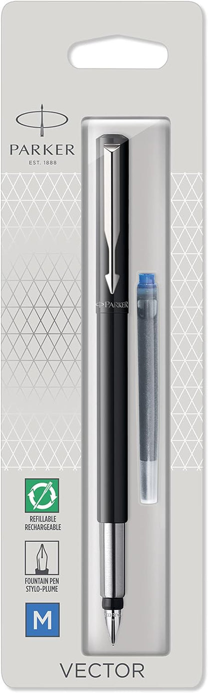 Parker Vector Fountain Pen | Black with Chrome Trim | Medium Nib | Blue Ink | Hangtab