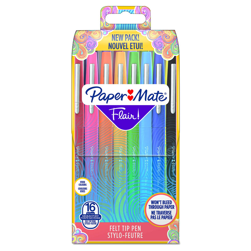 Paper Mate Flair Felt Tip Pens | Medium Tip (0.7 mm) | Assorted Colours | 16 Count Pouch