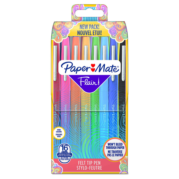 Paper Mate Flair Felt Tip Pens | Medium Tip (0.7 mm) | Assorted Colours | 16 Count Pouch