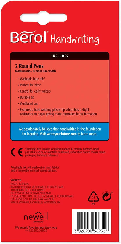 Berol Handwriting Pens | Round Shape is Easy to Hold | Washable Blue Ink | Bright Barrels | 2 Count