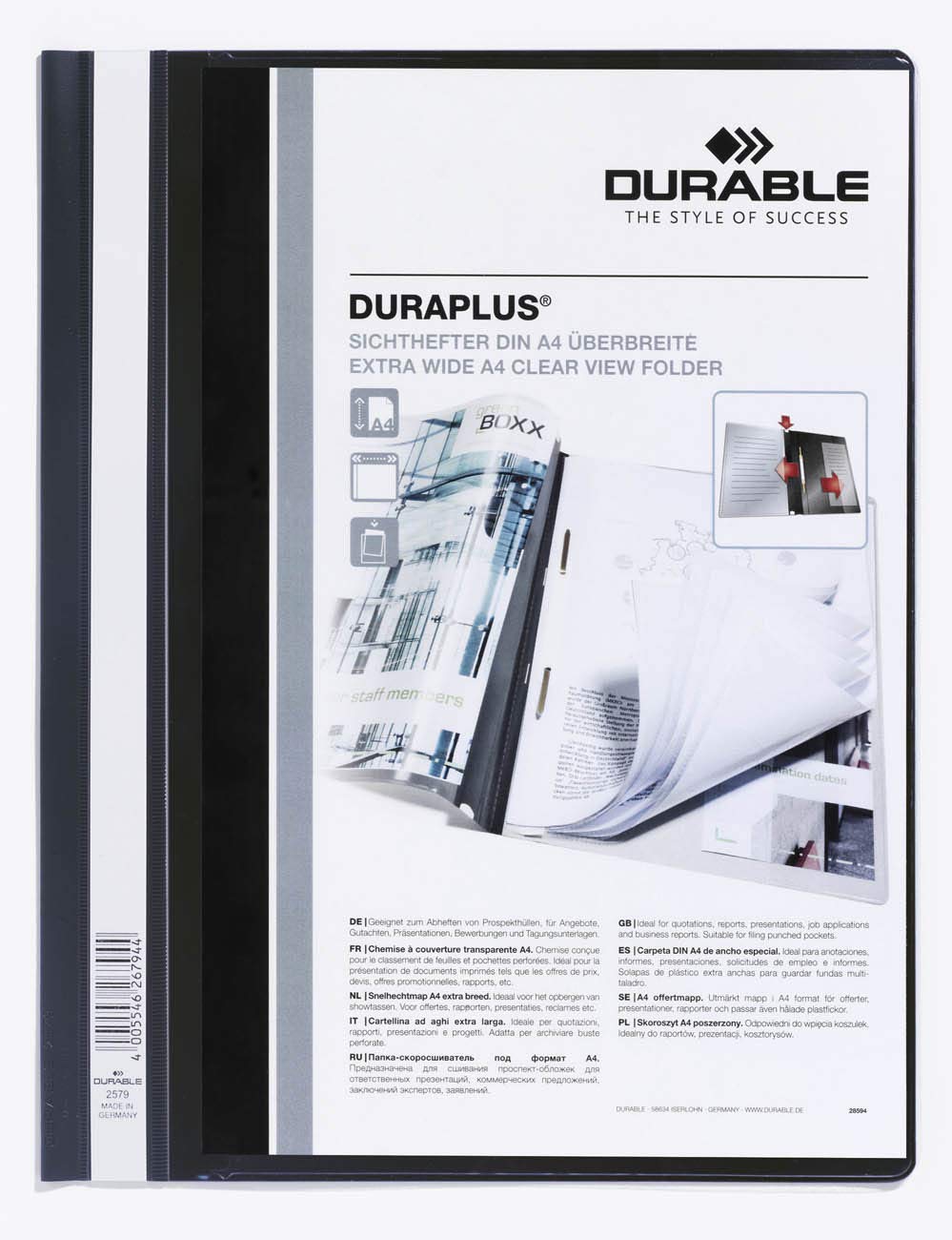 Durable 257901 Duraplus Folder with Transparent Pocket for A4 Documents - Black - Pack of 25
