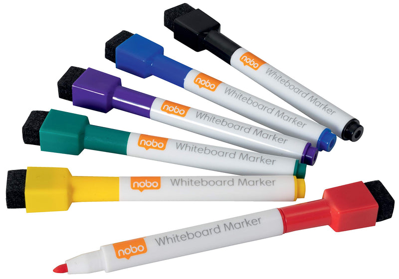 Nobo Mini Whiteboard Pens With Magnetic Eraser Cap, 2mm Fine Tip, Dry Wipe/Erase, Low Odour, Assorted Colours, 1903792, Pack of 1 (6 count
