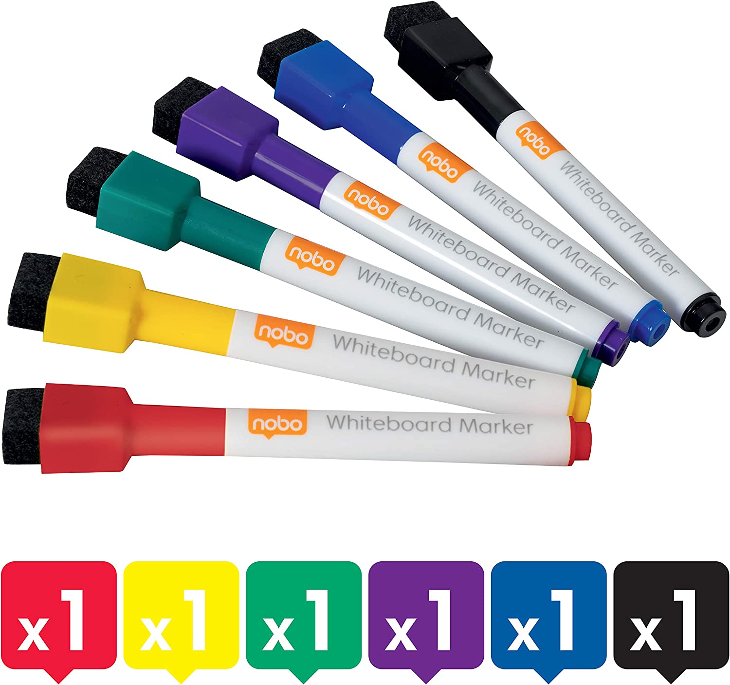 Nobo Mini Whiteboard Pens With Magnetic Eraser Cap, 2mm Fine Tip, Dry Wipe/Erase, Low Odour, Assorted Colours, 1903792, Pack of 1 (6 count