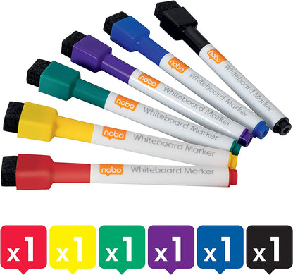 Nobo Mini Whiteboard Pens With Magnetic Eraser Cap, 2mm Fine Tip, Dry Wipe/Erase, Low Odour, Assorted Colours, 1903792, Pack of 1 (6 count
