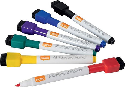 Nobo Mini Whiteboard Pens With Magnetic Eraser Cap, 2mm Fine Tip, Dry Wipe/Erase, Low Odour, Assorted Colours, 1903792, Pack of 1 (6 count