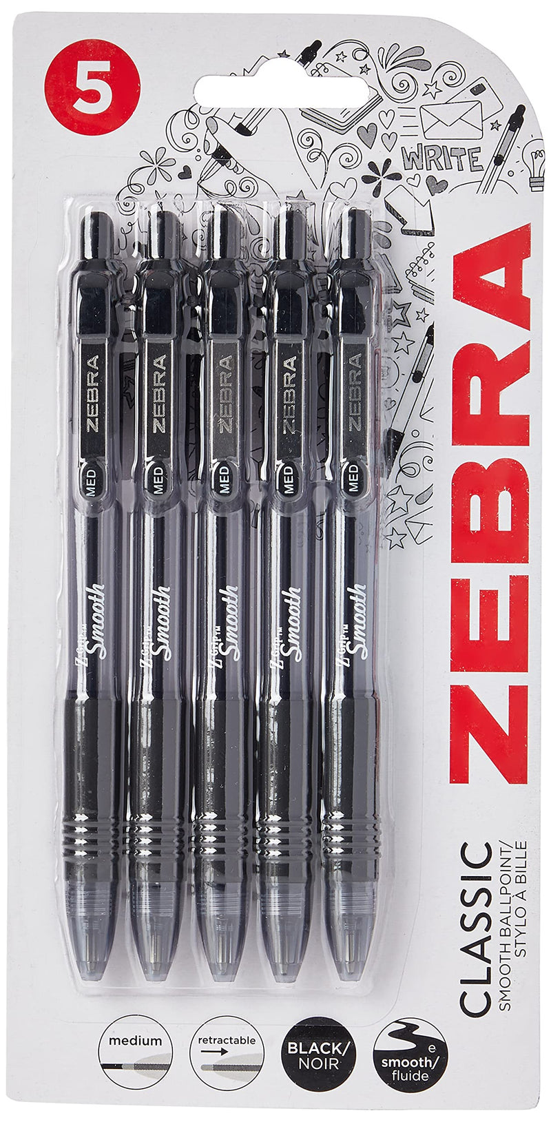 ZEBRA Pen Z Grip Black Ballpoint, Smooth & Comfortable ZEBRA Pens With Pocket Clip, Retractable Ballpoint, Reliable Black Biro Pens Multipack For Everyday Use - Black Ink, Medium Point