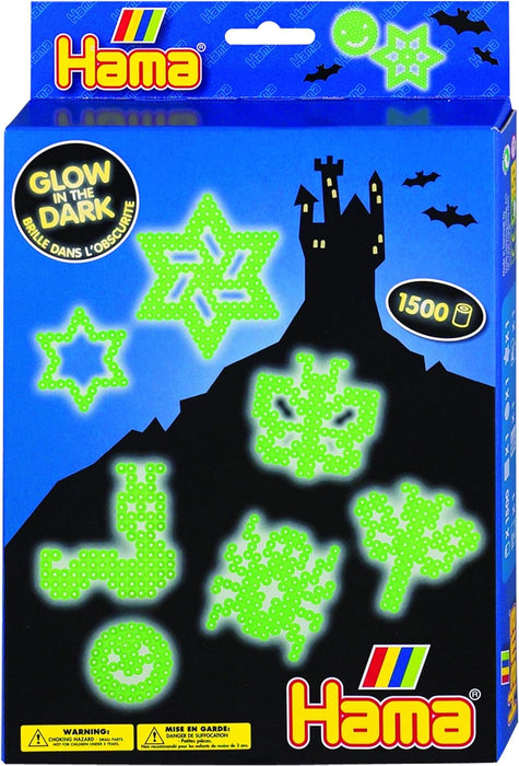 Hama | Glow in The Dark Beads | 1500 pcs, 3 Pegboards, Colour Printed Design Sheet, Instructions & Ironing Paper | Mosaic Decoration Arts & Craft for Creative Children