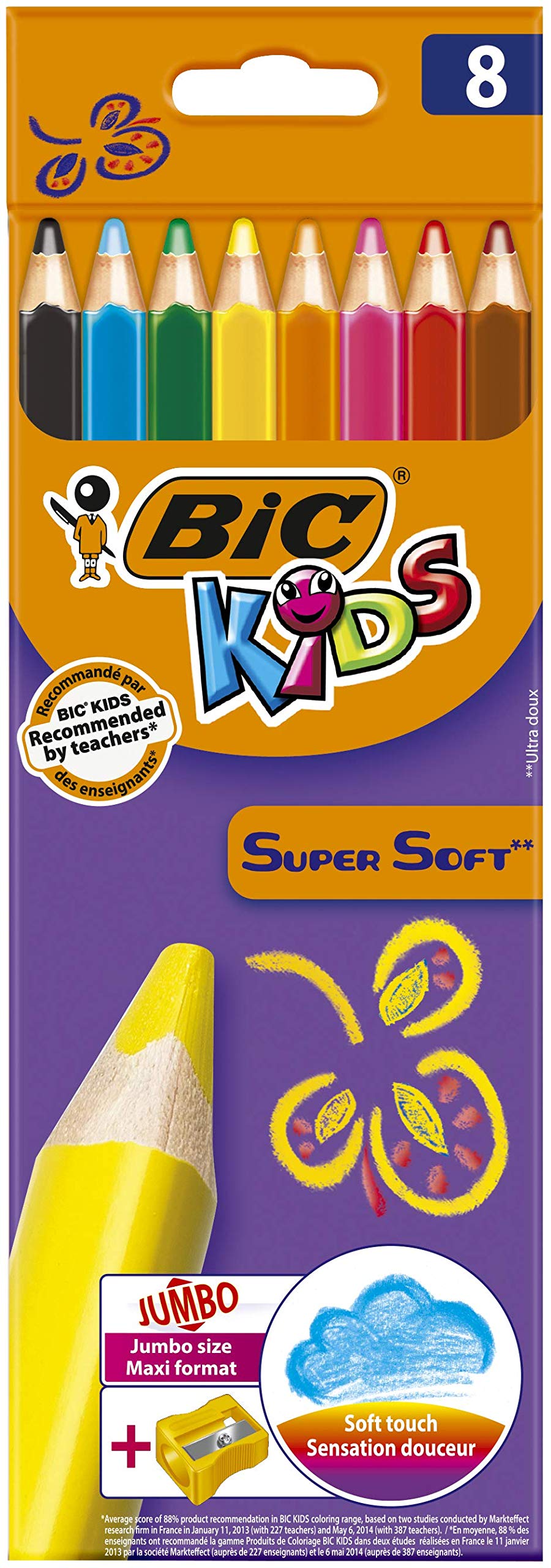 BiC Kids Supersoft - Caja de lápices de colores con sacapuntas (8 unidades