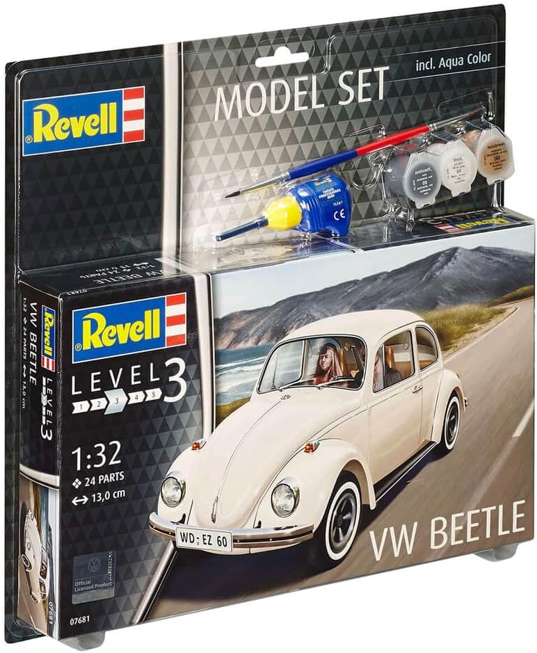 Revell Model Set 67681 VW Beetle 1:32 Scale Unbuilt/Unpainted Plastic Model Kit with Contacta Professional Glue, Paintbrush & Selected Aqua Color Paints