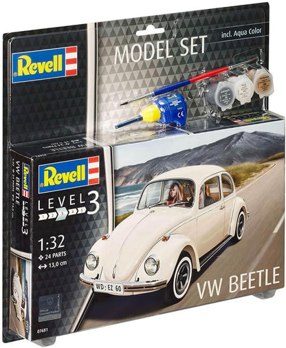 Revell Model Set 67681 VW Beetle 1:32 Scale Unbuilt/Unpainted Plastic Model Kit with Contacta Professional Glue, Paintbrush & Selected Aqua Color Paints