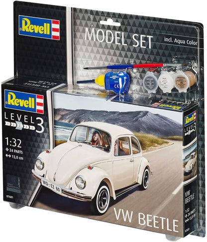 Revell Model Set 67681 VW Beetle 1:32 Scale Unbuilt/Unpainted Plastic Model Kit with Contacta Professional Glue, Paintbrush & Selected Aqua Color Paints