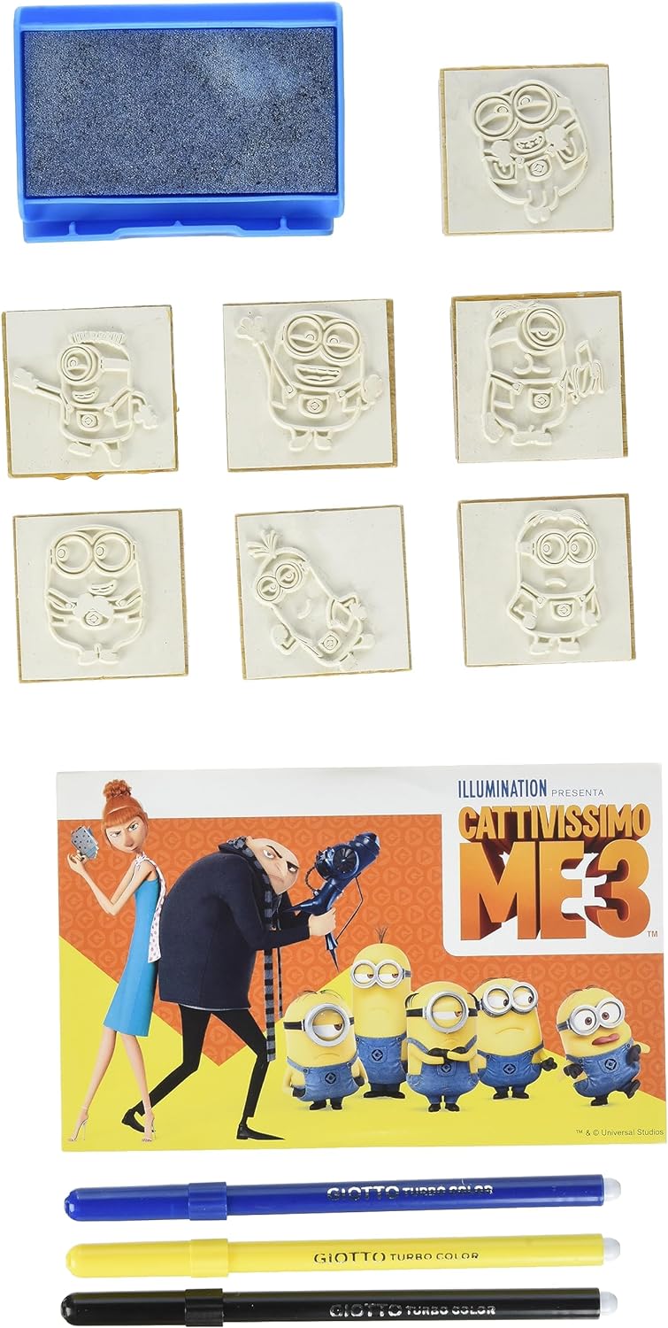 Multiprint Window Box 7 Stamps for Kids Minions 2, 100% Made in Italy, Personalized Stamps for Children, in Wood and Natural Rubber, Non-toxic Washable Ink, Gift Idea, art.07896