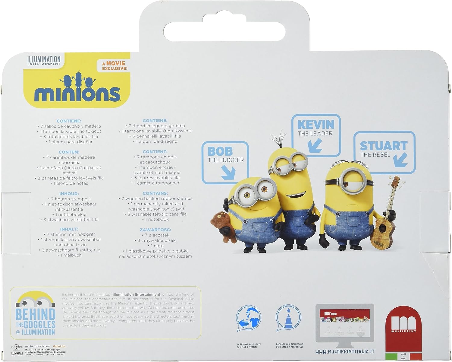 Multiprint Window Box 7 Stamps for Kids Minions 2, 100% Made in Italy, Personalized Stamps for Children, in Wood and Natural Rubber, Non-toxic Washable Ink, Gift Idea, art.07896