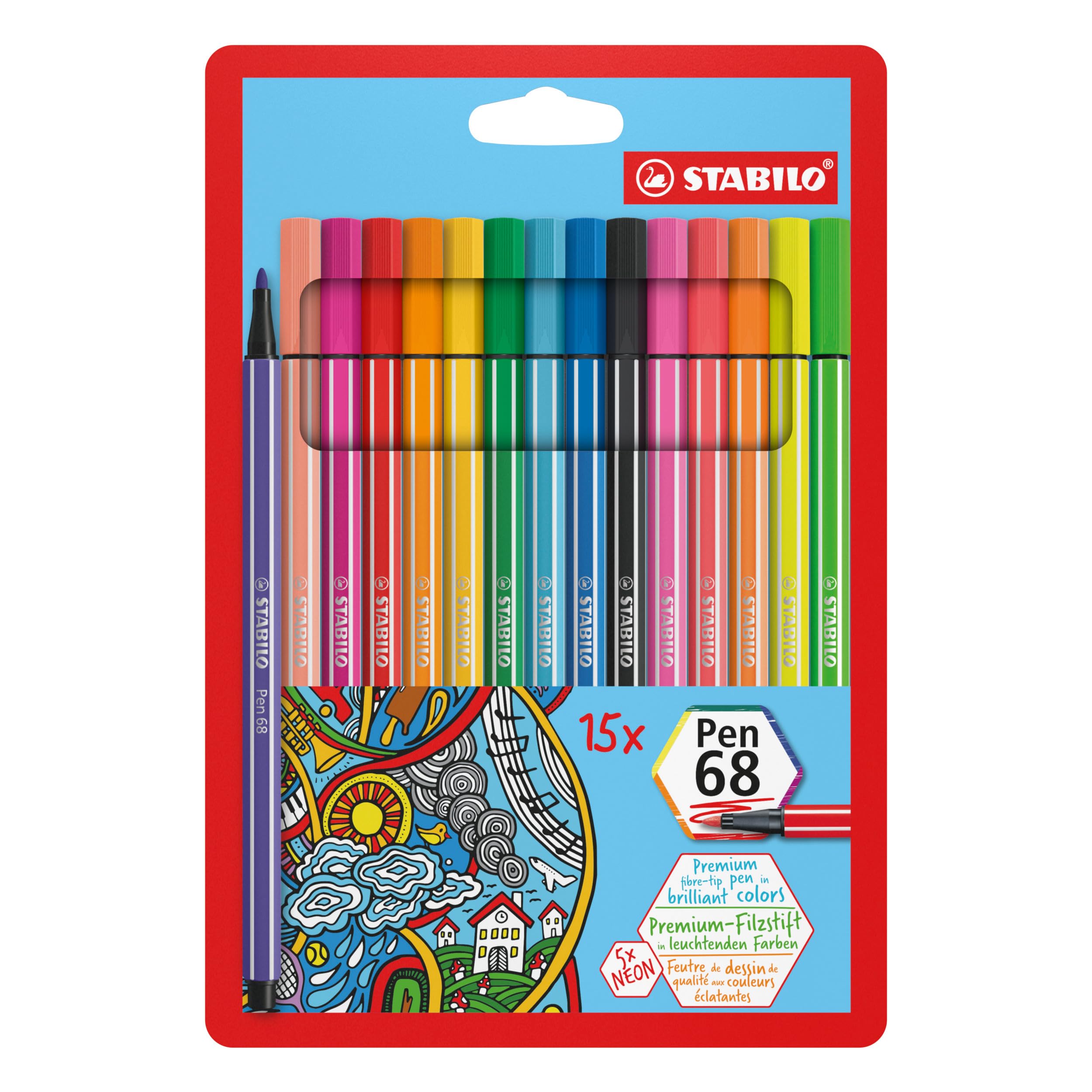 Premium Fibre-Tip Pen - STABILO Pen 68 - Pack of 15 - Assorted Colours including 5 Neon Colours