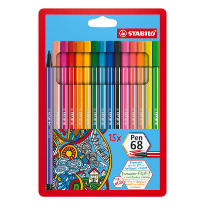 Premium Fibre-Tip Pen - STABILO Pen 68 - Pack of 15 - Assorted Colours including 5 Neon Colours