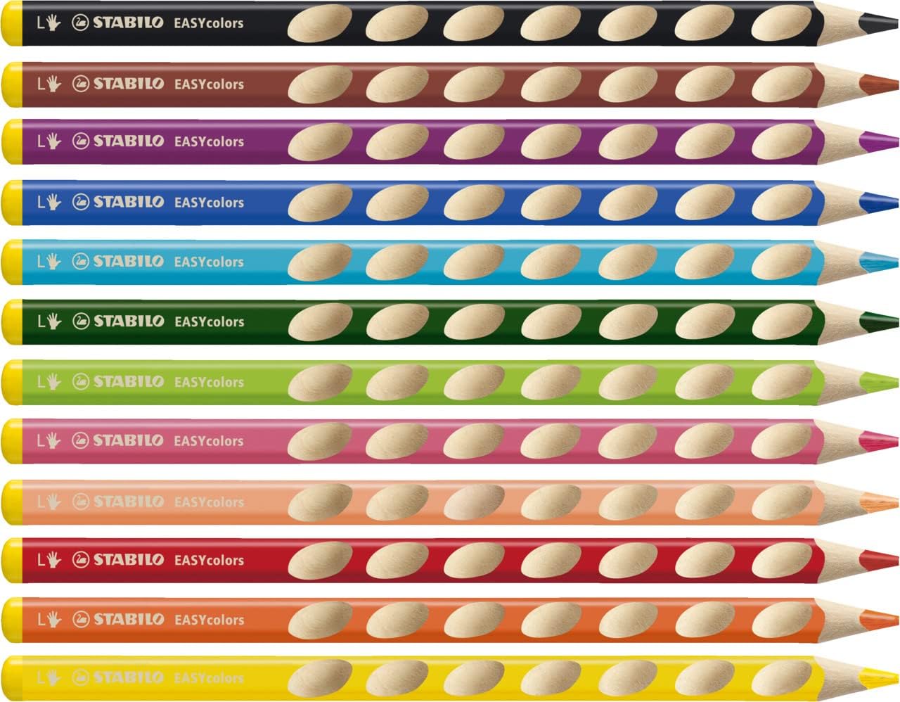Ergonomic Colouring Pencil - STABILO EASYcolors - Left-Handed - Pack of 12 - Assorted Colours with Sharpener