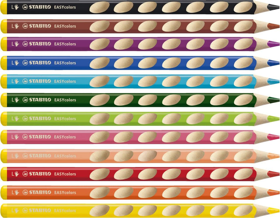 Ergonomic Colouring Pencil - STABILO EASYcolors - Left-Handed - Pack of 12 - Assorted Colours with Sharpener