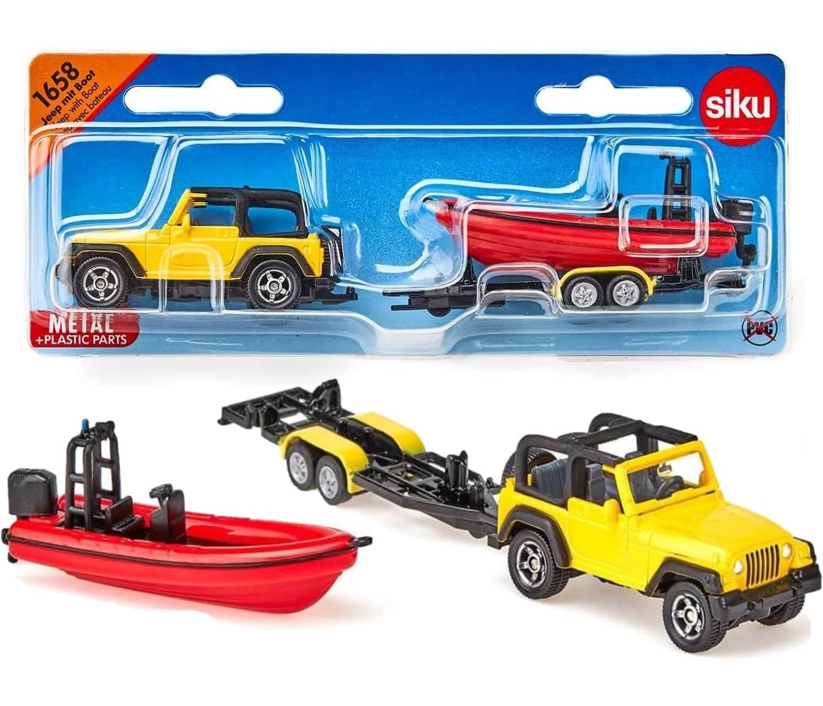 siku 1658, Jeep with Boat, Metal/Plastic, Yellow/Red, Removable trailer, Floatable boat