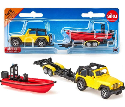 siku 1658, Jeep with Boat, Metal/Plastic, Yellow/Red, Removable trailer, Floatable boat