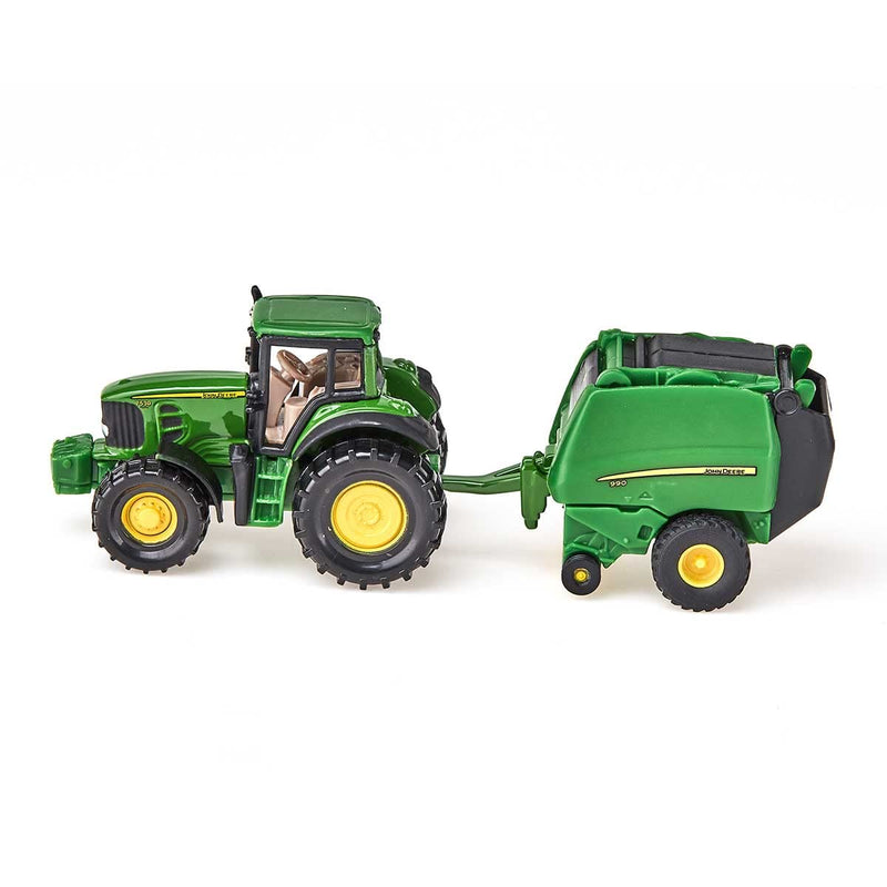 siku 1665, John Deere Tractor with Round Baler and 2 Bales, Metal/Plastic, Green, Moving parts Tractor with round baler Single