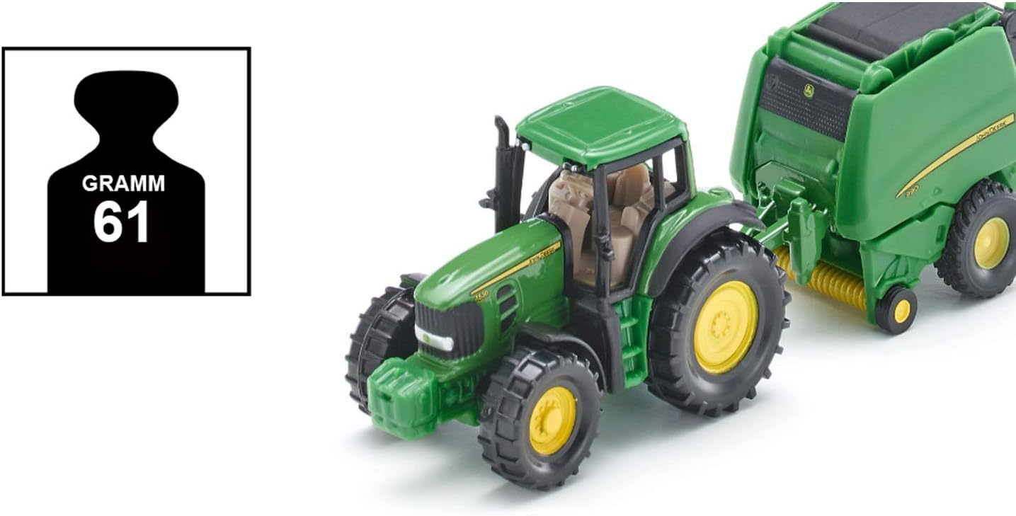 siku 1665, John Deere Tractor with Round Baler and 2 Bales, Metal/Plastic, Green, Moving parts Tractor with round baler Single