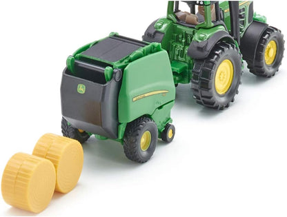siku 1665, John Deere Tractor with Round Baler and 2 Bales, Metal/Plastic, Green, Moving parts Tractor with round baler Single