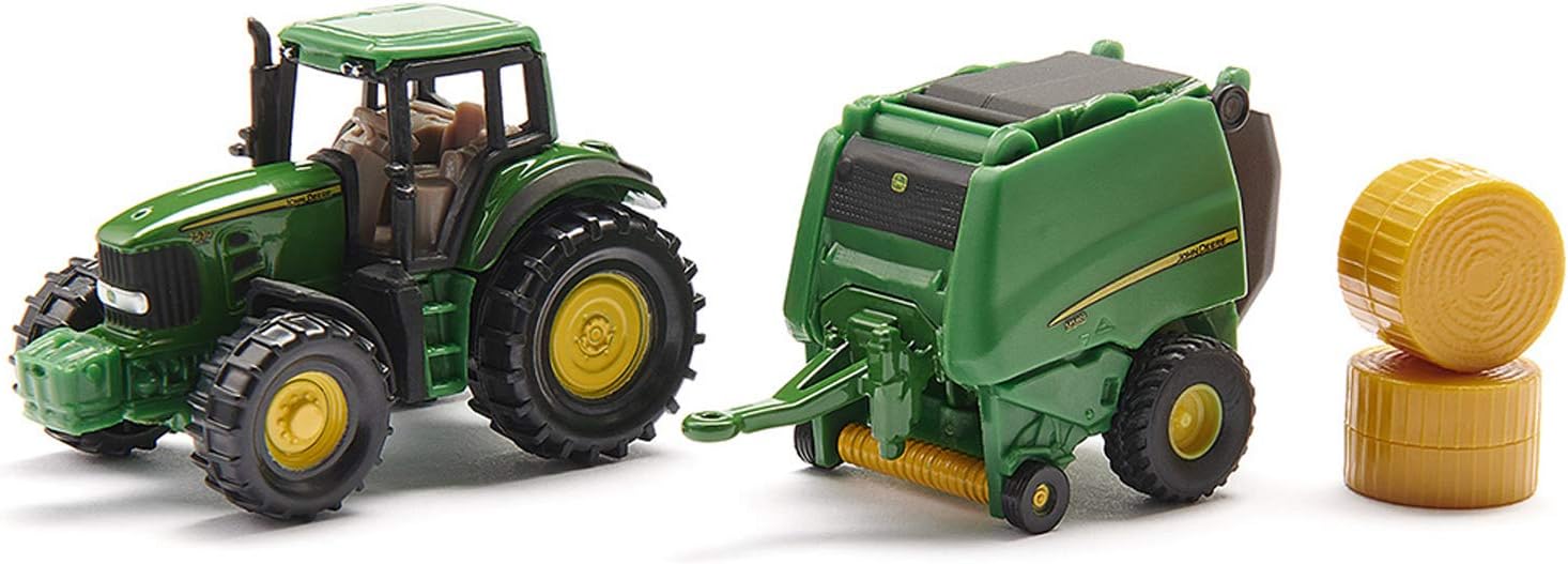 siku 1665, John Deere Tractor with Round Baler and 2 Bales, Metal/Plastic, Green, Moving parts Tractor with round baler Single