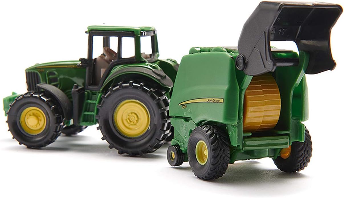 siku 1665, John Deere Tractor with Round Baler and 2 Bales, Metal/Plastic, Green, Moving parts Tractor with round baler Single