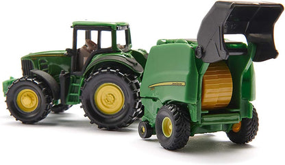 siku 1665, John Deere Tractor with Round Baler and 2 Bales, Metal/Plastic, Green, Moving parts Tractor with round baler Single
