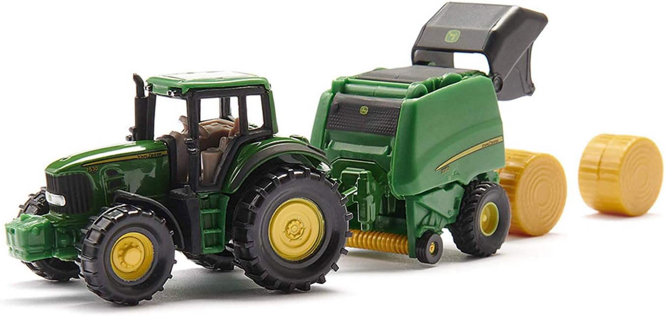 siku 1665, John Deere Tractor with Round Baler and 2 Bales, Metal/Plastic, Green, Moving parts Tractor with round baler Single