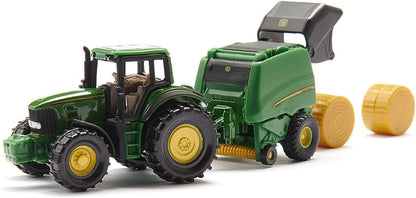 siku 1665, John Deere Tractor with Round Baler and 2 Bales, Metal/Plastic, Green, Moving parts Tractor with round baler Single