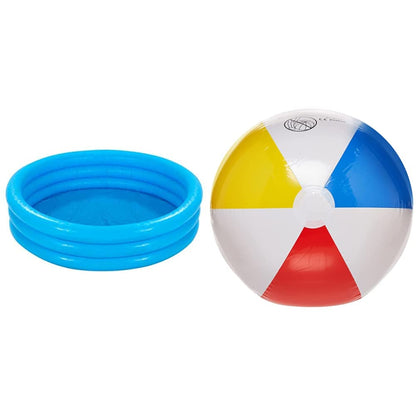 Intex 59416NP Crystal Blue Three Ring Inflatable Paddling Pool 1.14m x 25cm & Glossy Panel Ball - Inflatable Water Ball/Beach Ball - Diameter 51 cm