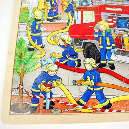 GOKI- Puzzles de Madera Encaje, Bomberos En Acción, Multicolor (57527