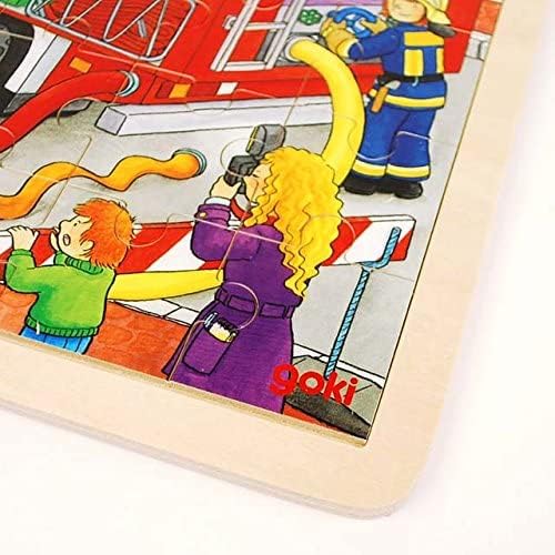 GOKI- Puzzles de Madera Encaje, Bomberos En Acción, Multicolor (57527