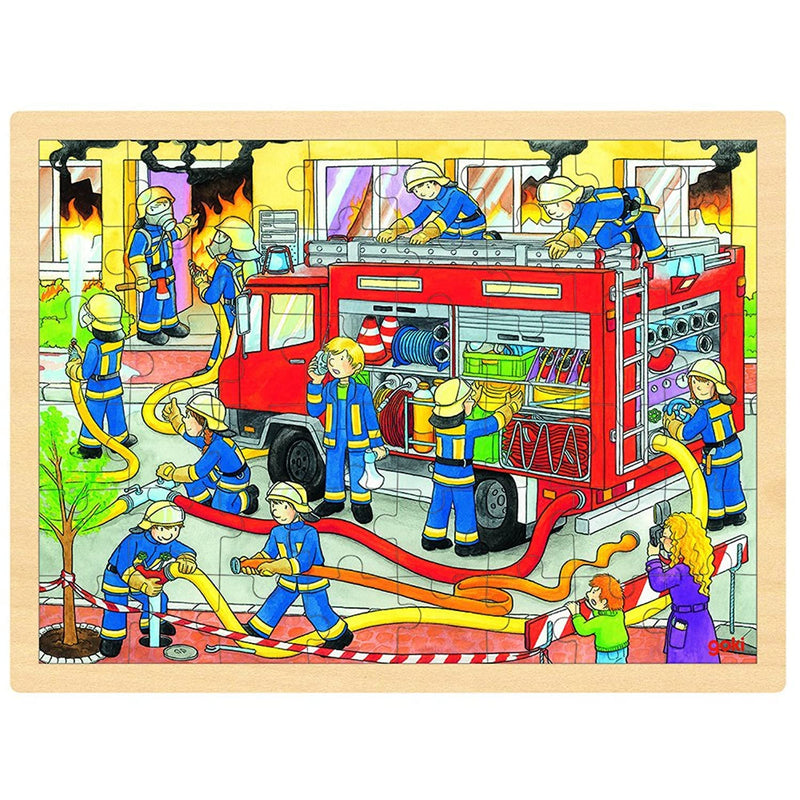 GOKI- Puzzles de Madera Encaje, Bomberos En Acción, Multicolor (57527