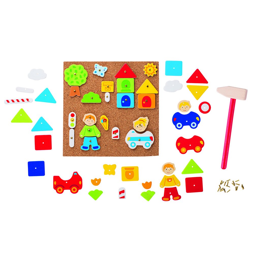 Goki Juego Puzzles De Madera Martillo Y Set De Clavos, Ciudad, Multicolor (Gollnest & Kiesel 58556.0
