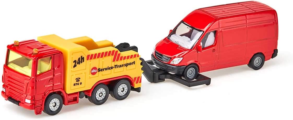 siku 1667, Breakdown Truck with Car, Metal/Plastic, Red/Yellow, Liftable and lowerable towing device
