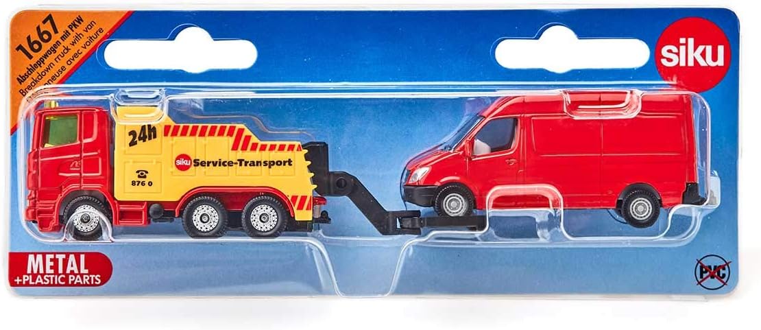 siku 1667, Breakdown Truck with Car, Metal/Plastic, Red/Yellow, Liftable and lowerable towing device