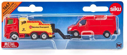 siku 1667, Breakdown Truck with Car, Metal/Plastic, Red/Yellow, Liftable and lowerable towing device